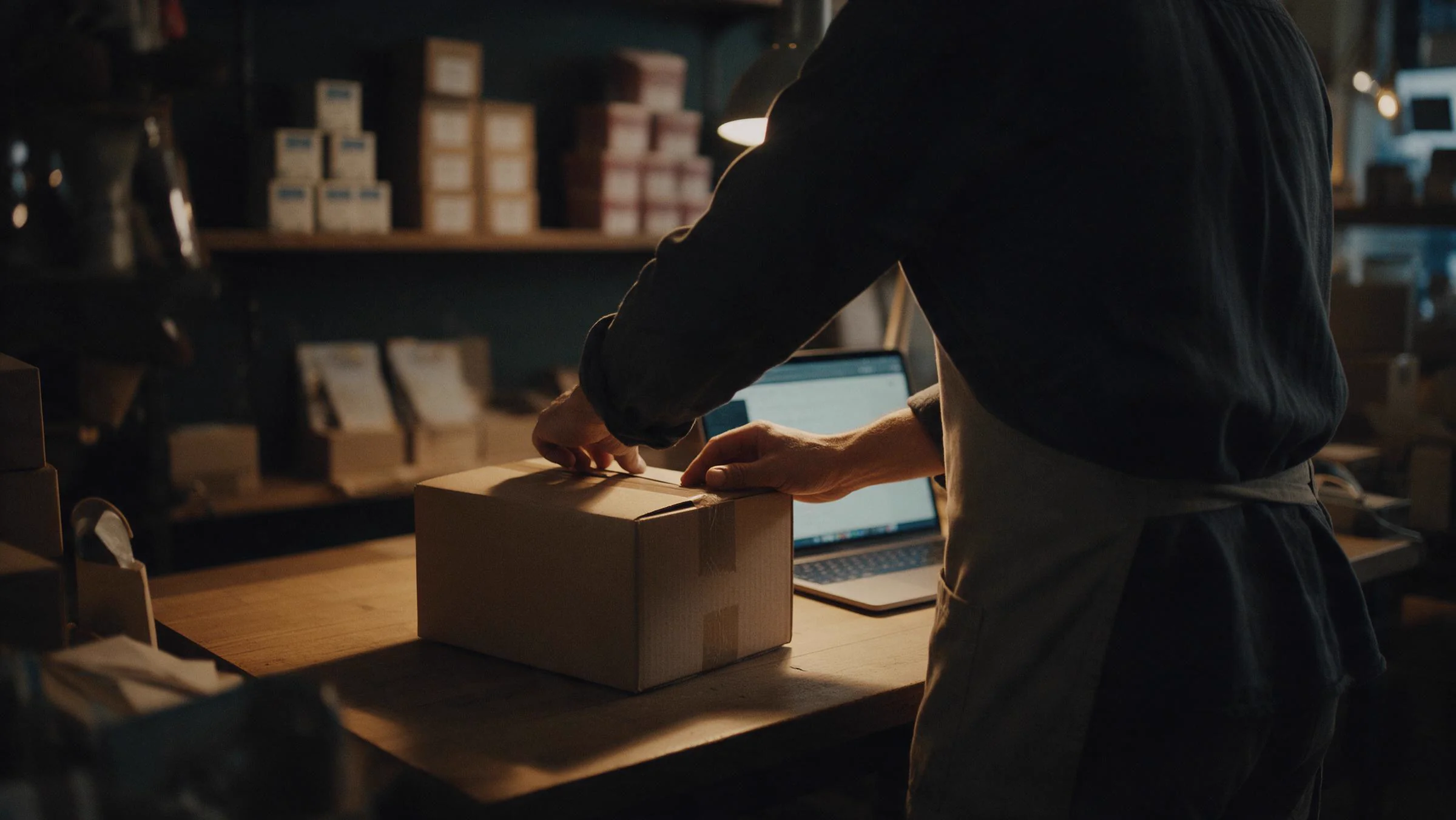 Shop-Betreiber von hinten am Packtisch, er klebt das Paket der ersten Bestellung zu, daneben der aufgeklappte Laptop