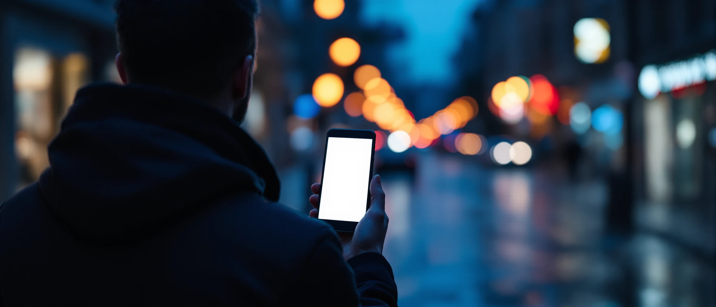 Ein Mensch von hinten auf einer n&auml;chtlichen Stra&szlig;e, in der Hand ein Handy mit hell leuchtendem Display