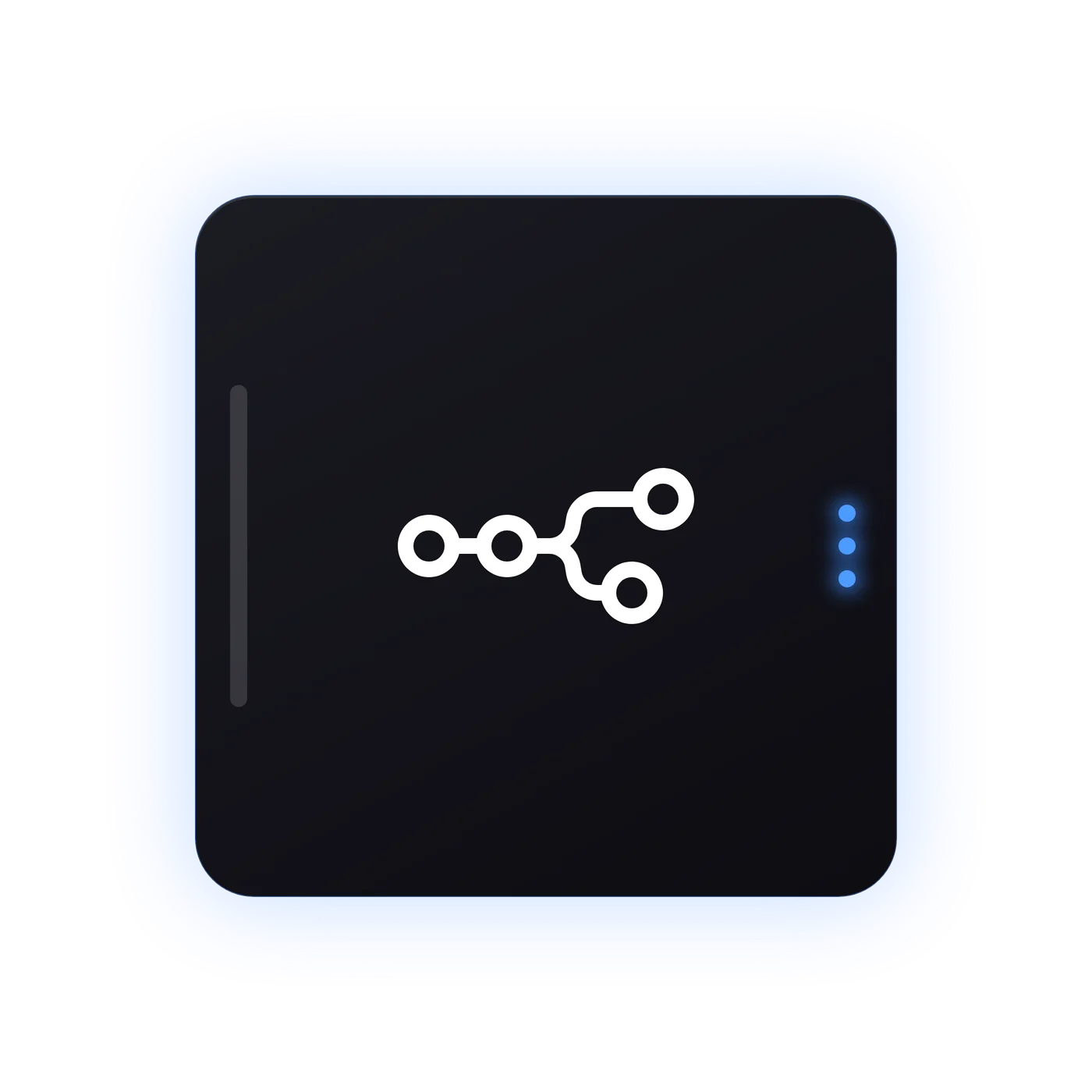 Dunkle Modul-Kachel mit dem n8n-Logo, seitlich Griff und Status-Leuchten wie bei einem Server-Einschub