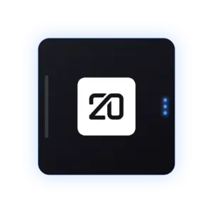 Dunkle Modul-Kachel mit dem Logo von Twenty CRM, seitlich Griff und Status-Leuchten wie bei einem Server-Einschub