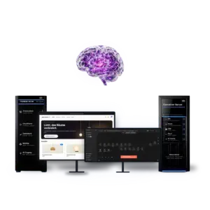 Zwei Monitore mit Shop und Workflow, dazu Frontend-Server, Operativer Server und KI-Agent