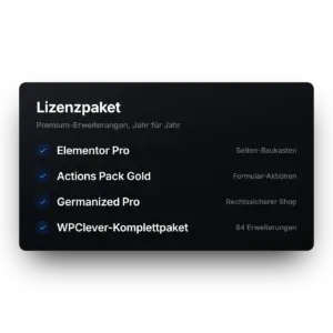 Karte mit dem Inhalt des Lizenzpakets: Elementor Pro, Actions Pack Gold, Germanized Pro und das WPClever-Komplettpaket mit 64 Erweiterungen