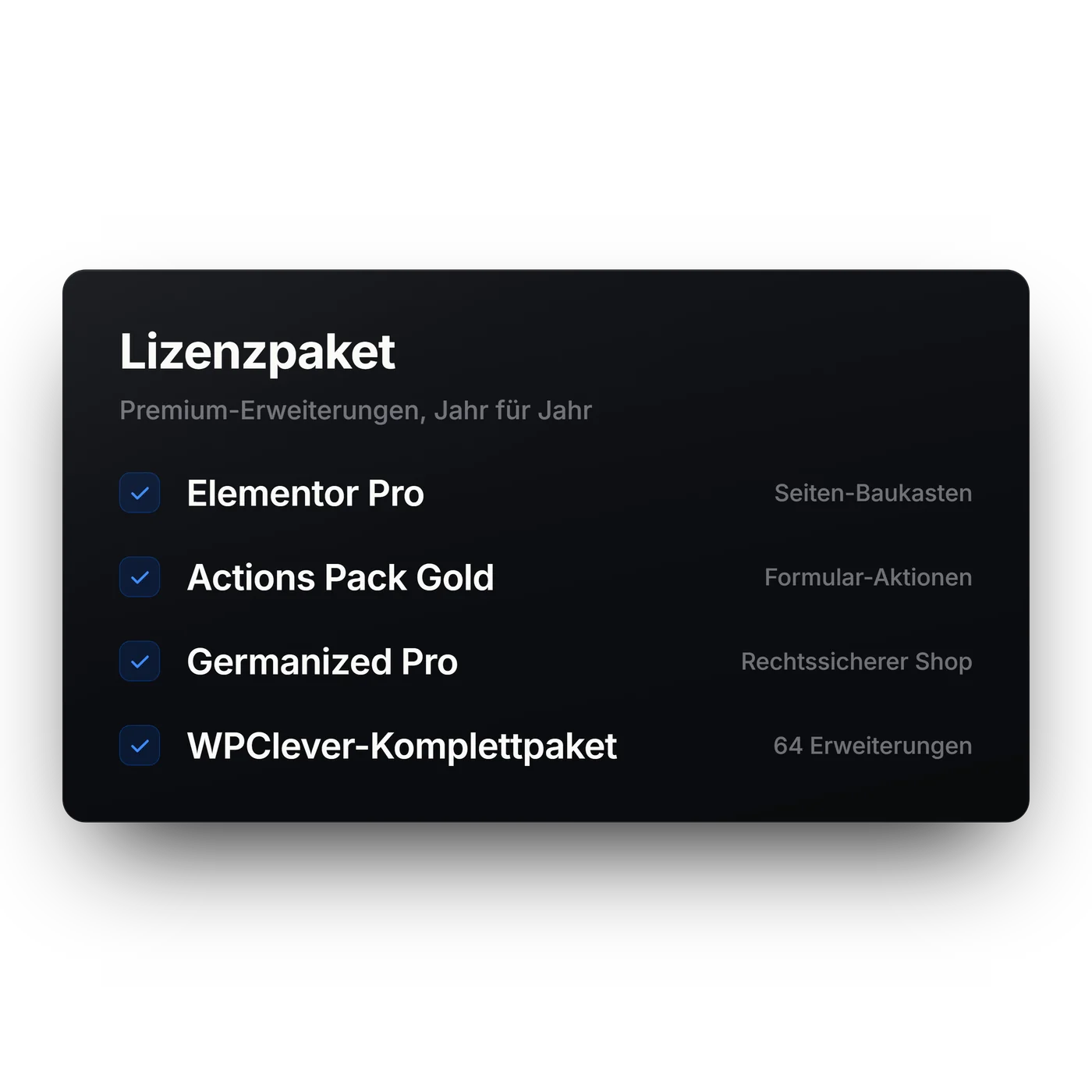 Karte mit dem Inhalt des Lizenzpakets: Elementor Pro, Actions Pack Gold, Germanized Pro und das WPClever-Komplettpaket mit 64 Erweiterungen