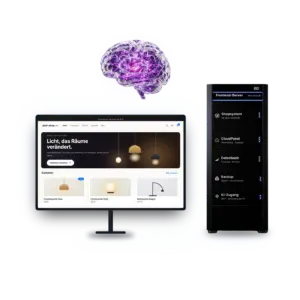 Monitor mit Shop-Startseite, daneben der Frontend-Server und der KI-Agent