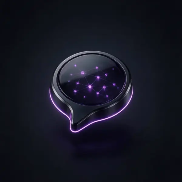 Sprechblase aus dunklem Glas mit violettem Leuchten und Lichtpunkten - Symbolbild für den Chat mit Kunden