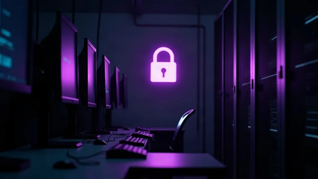 Dunkler Serverraum mit einem violett leuchtenden offenen Vorhaengeschloss ueber der Netzwerklinie