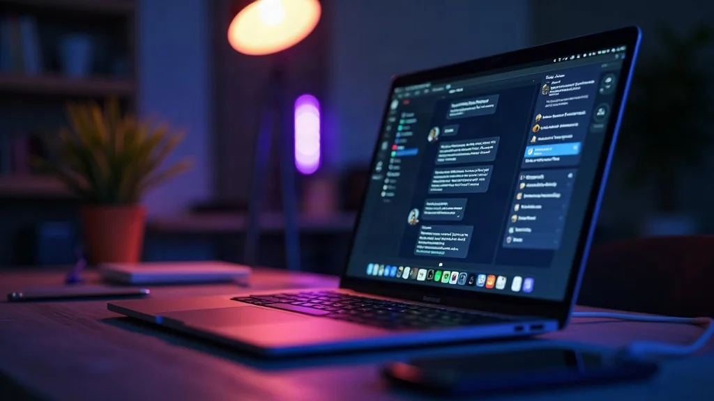 Laptop mit Chat-Oberflaeche in dunklem Raum, violettes Licht im Hintergrund