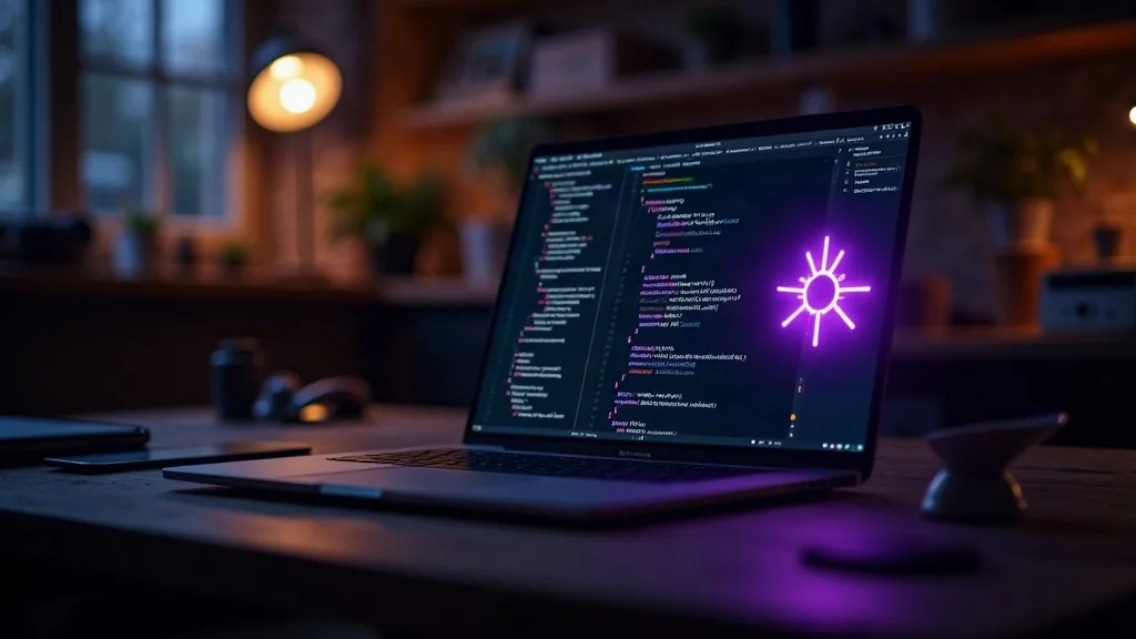Laptop mit Code-Editor bei Nacht, darueber ein violett leuchtendes Symbol