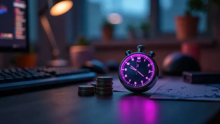 Werkstatt-Schreibtisch mit Stoppuhr und Münzstapel als Symbol für Tempo und Kosten, KI-Akzentlicht