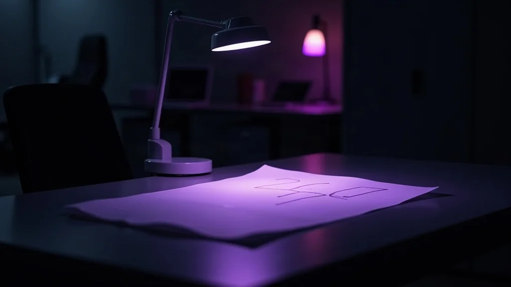 Blatt Papier unter einer Schreibtischlampe mit kaum sichtbarem violettem Wellenmuster