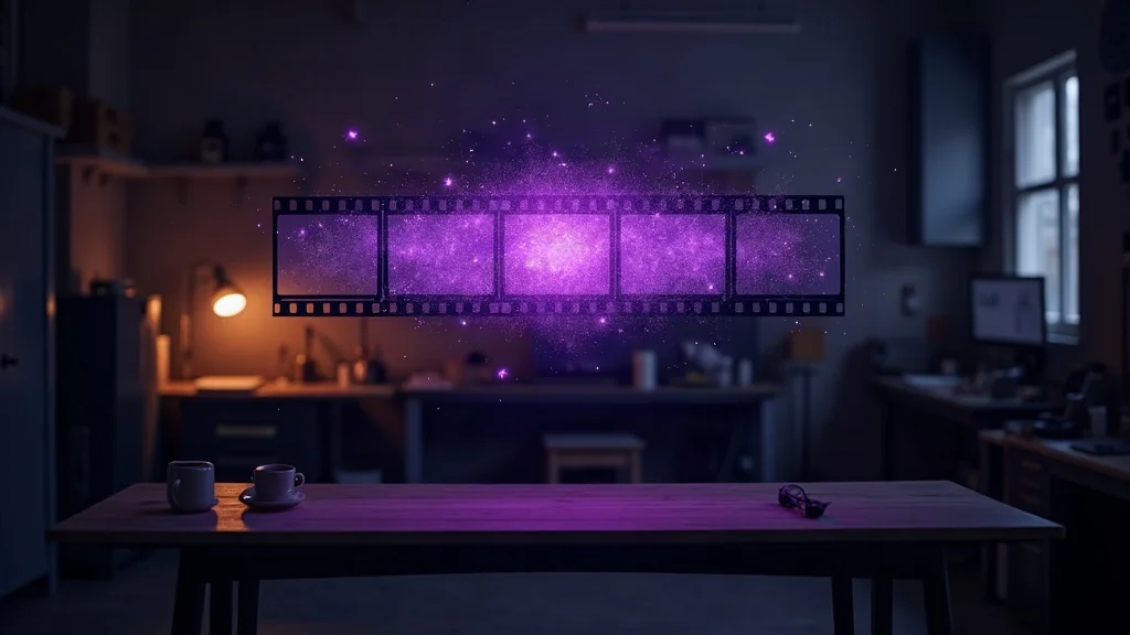 Filmstreifen, der sich aus violetten Lichtpartikeln ueber einer leeren Werkbank bildet