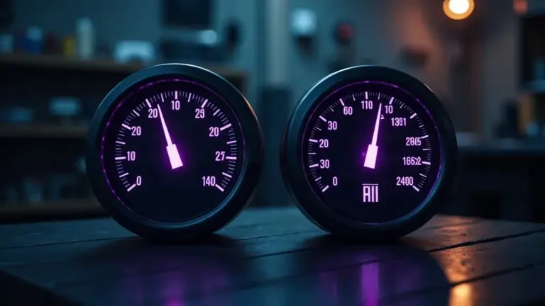 Zwei stilisierte Preis-Tachometer mit fallenden Nadeln als Symbol fuer sinkende KI-Preise