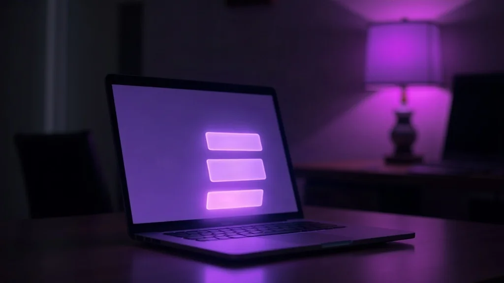 Leerer Schreibtisch bei Nacht, Laptop mit drei schwebenden violetten Vorschlagskarten