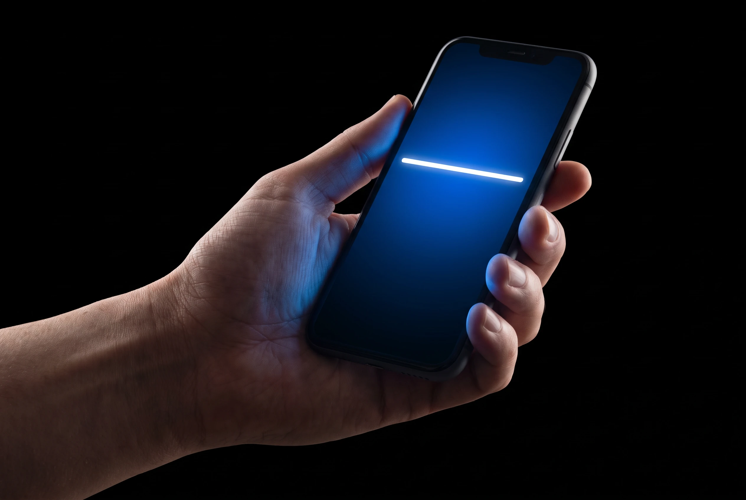 Hand hält am Abend ein Telefon, das Display leuchtet blau: die Antwort ist da