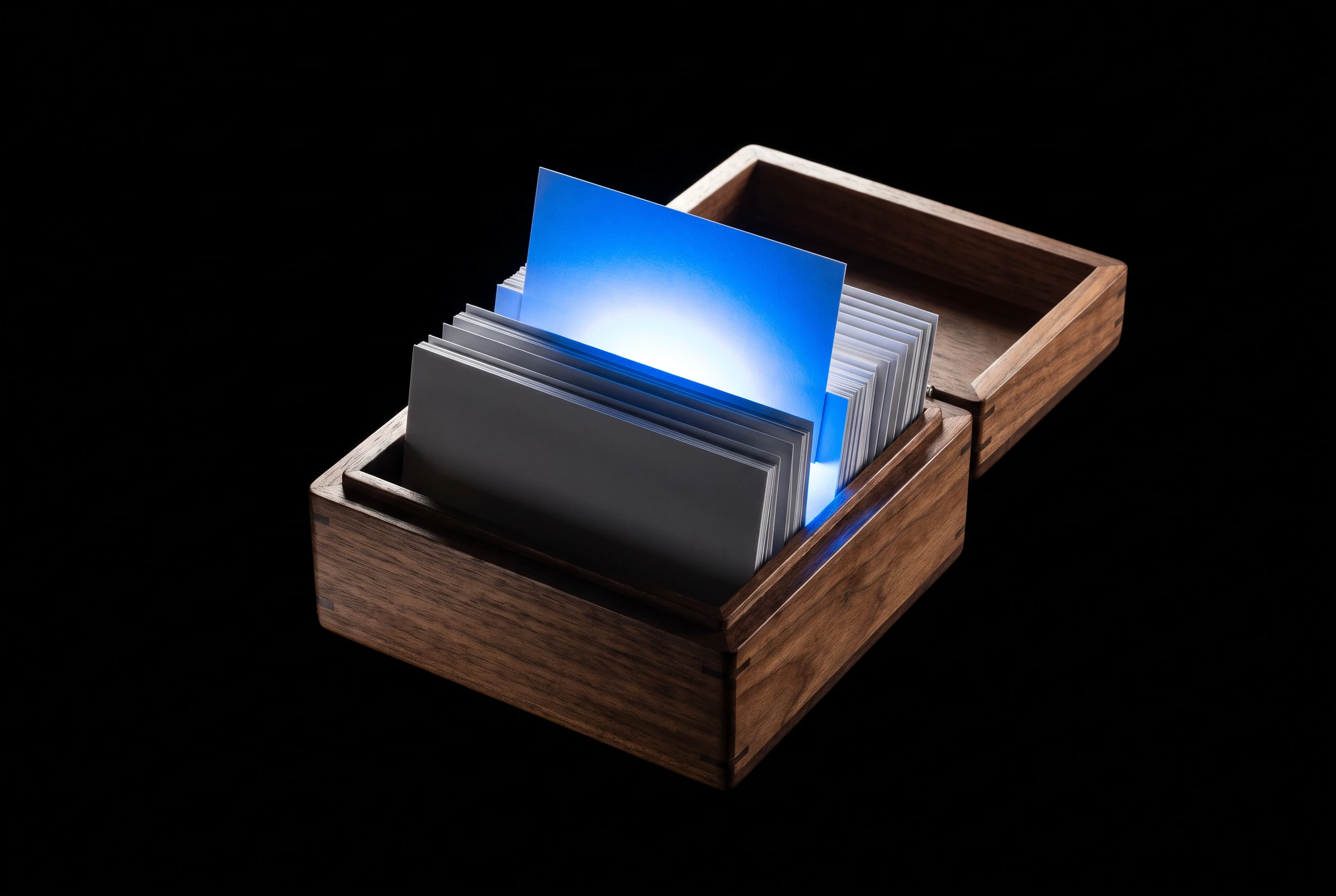 Karteikasten aus dunklem Holz, eine Karte steht hoch und leuchtet blau: nur was du freigibst