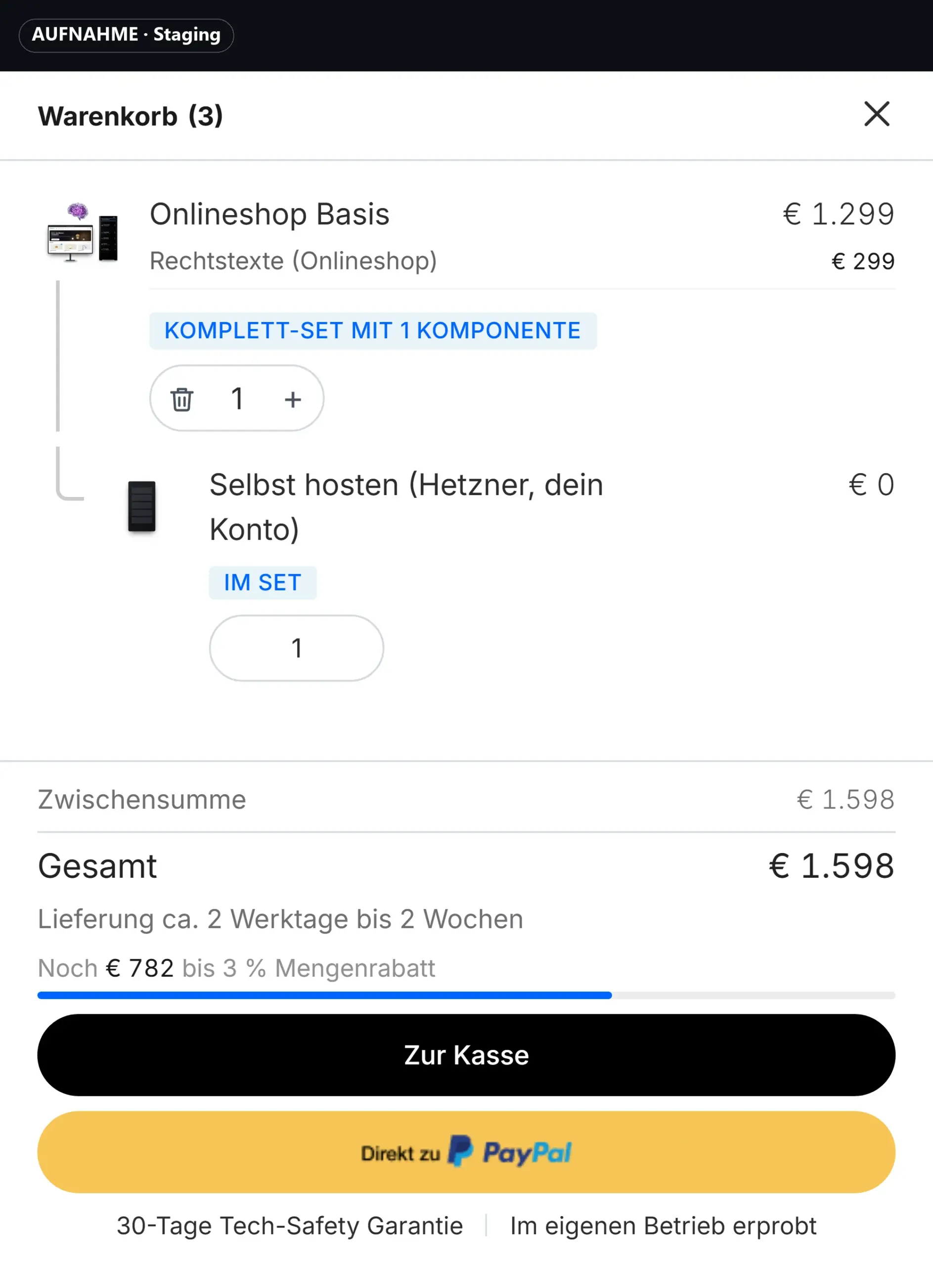 Aufnahme aus dem Staging-Shop: Der Warenkorb öffnet als Seitenpanel mit Onlineshop Basis und Rechtstexte, Gesamt 1.598 €, darunter die Knöpfe Zur Kasse und Direkt zu PayPal.