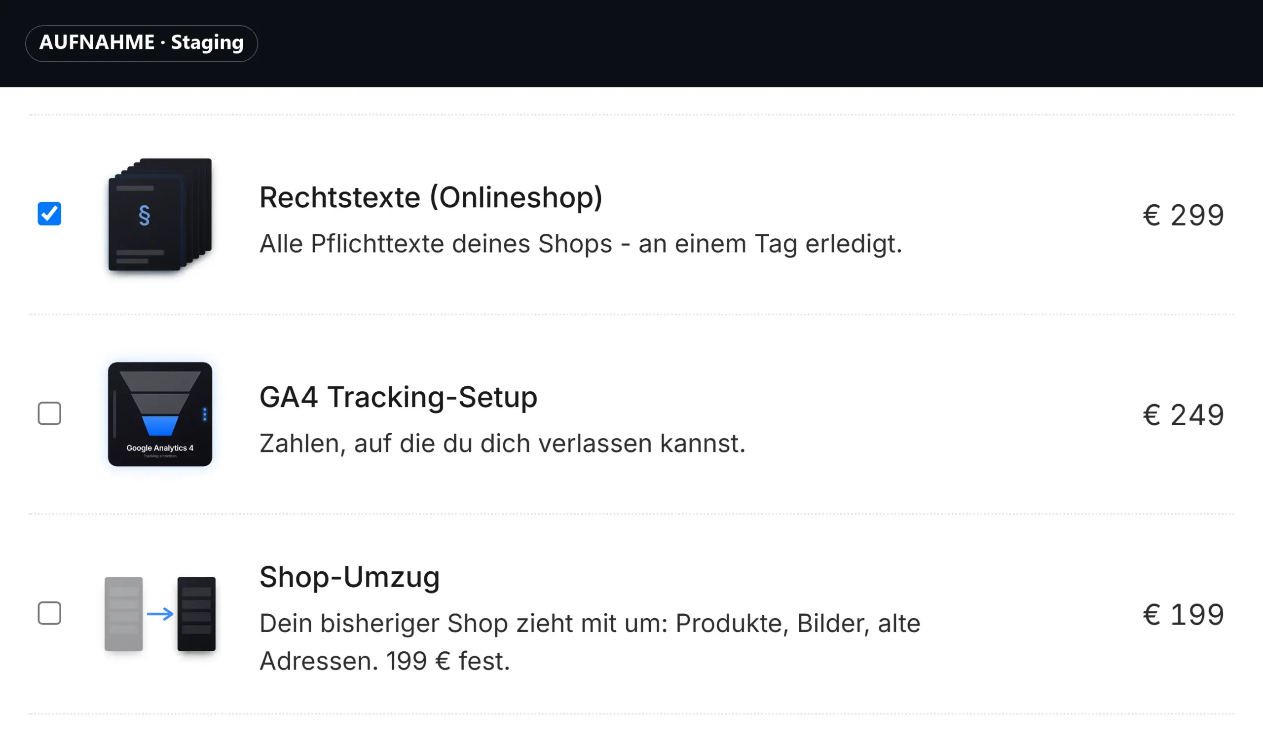 Aufnahme aus dem Staging-Shop: Unter „Häufig zusammen gekauft“ ist Rechtstexte für 299 € angehakt, GA4 Tracking-Setup und Shop-Umzug stehen zur Wahl.